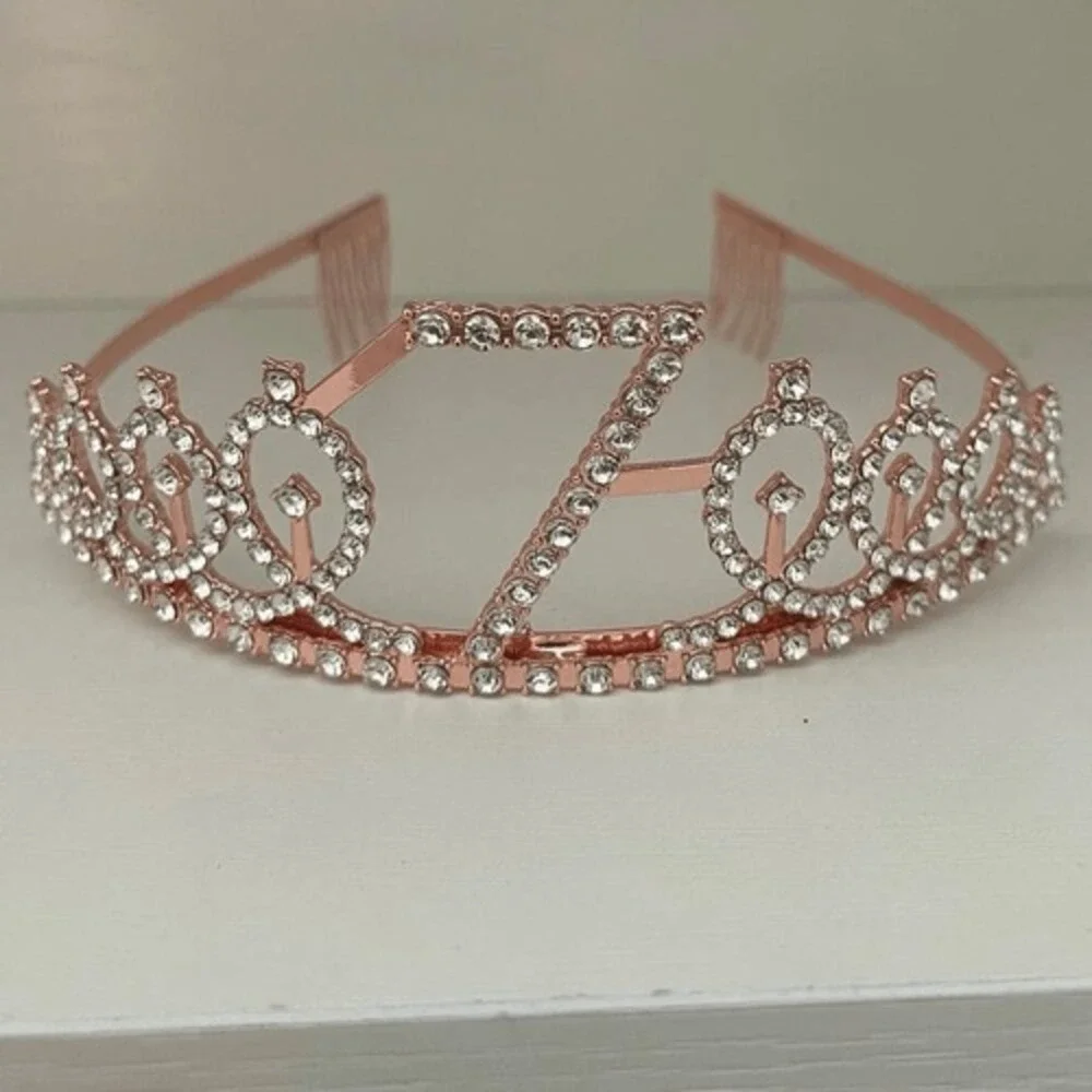 Girls 7th Birthday Rose Gold Glitter Sash and Rhinestone Sparkle Tiara Crown Set
